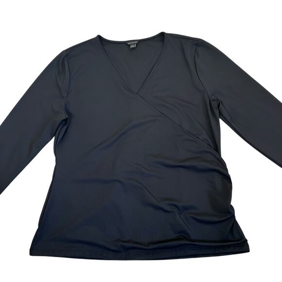 Ann Taylor Sz L Black Refined Stretch Wrap Top 3/4 Sleeve Fitted Feminine Office - Picture 7 of 16